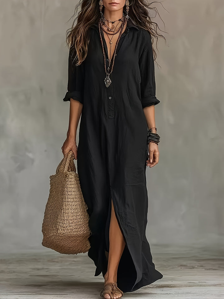 New Spring/Summer Plain Coloured Pullover-Collar Long Dress with Half-Open Collar and Slits at the Front and Back, Casual Shirt Dress in a Relaxed Style, Suitable for Leisure, Travel, Beach, and Daily Use in Spring/Summer, Machine Washable