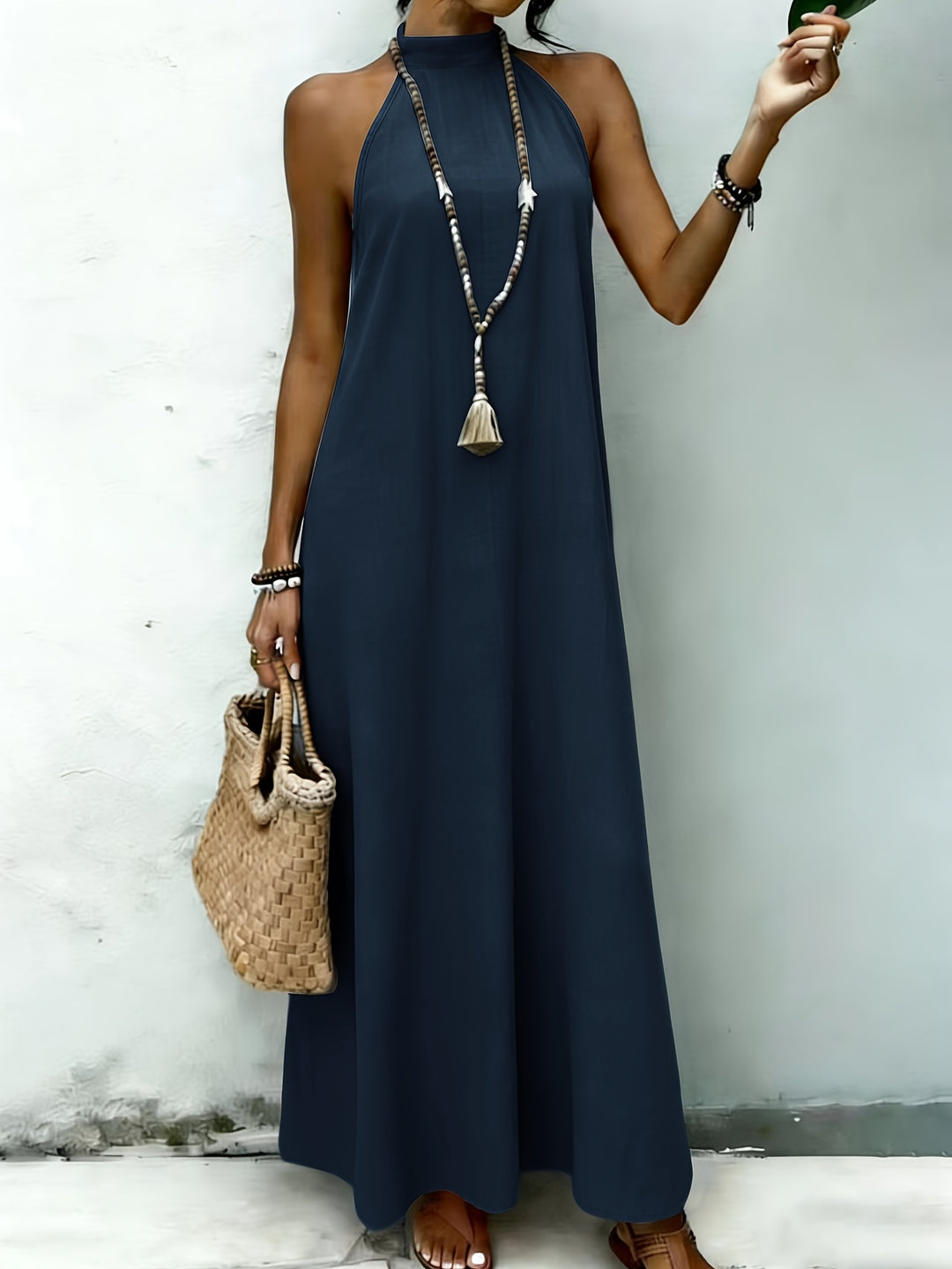 AMNFUIL Bohemian Maxi Dress with Neck Cord for Women - Sleeveless Beach Dress with Button Closure at the Back, Plain Fitted Long Dress Suitable for Weddings, Pool Parties, Casual Wear, Machine Washable Elegant Dress