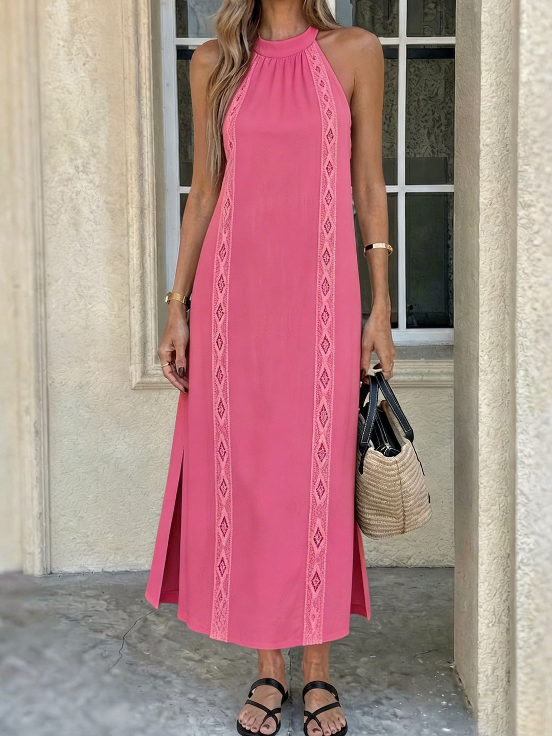 Summer ladies pure halter lace hollow-out lace edge patchwork dress, loose linen feel holiday sleeveless long dress 9A12499