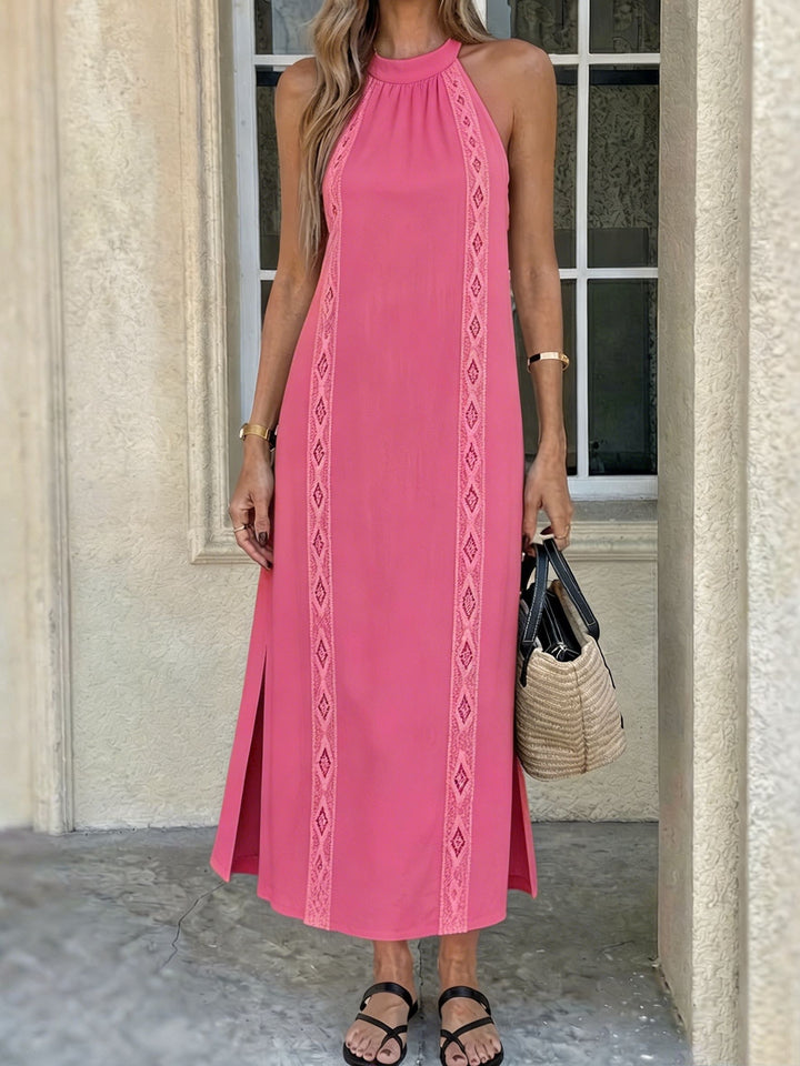 Summer ladies pure halter lace hollow-out lace edge patchwork dress, loose linen feel holiday sleeveless long dress 9A12499