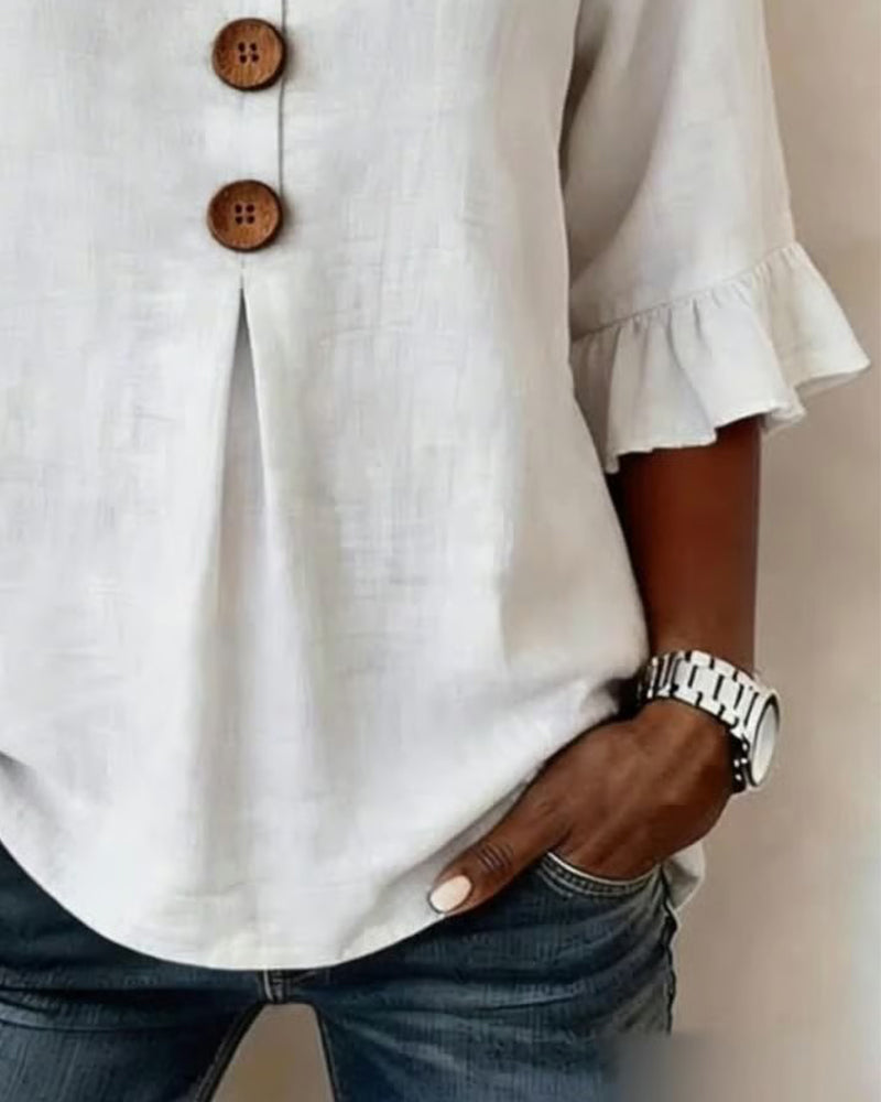 Sophia Solid Colour Blouse with Wooden Buttons and Ruffles