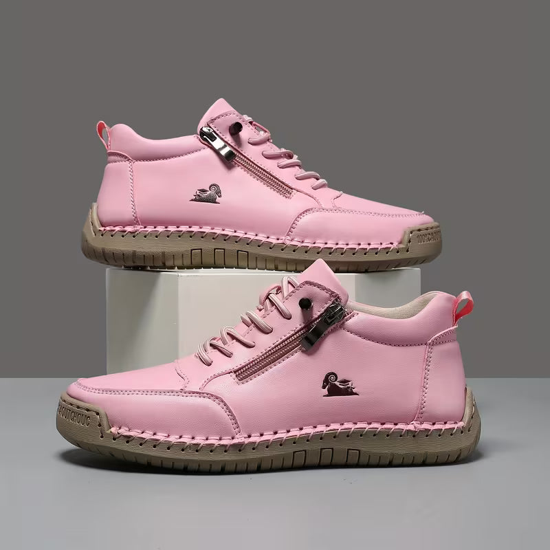 Pink therapeutic comfort shoes, lace-up with side zipper and textured rubber sole