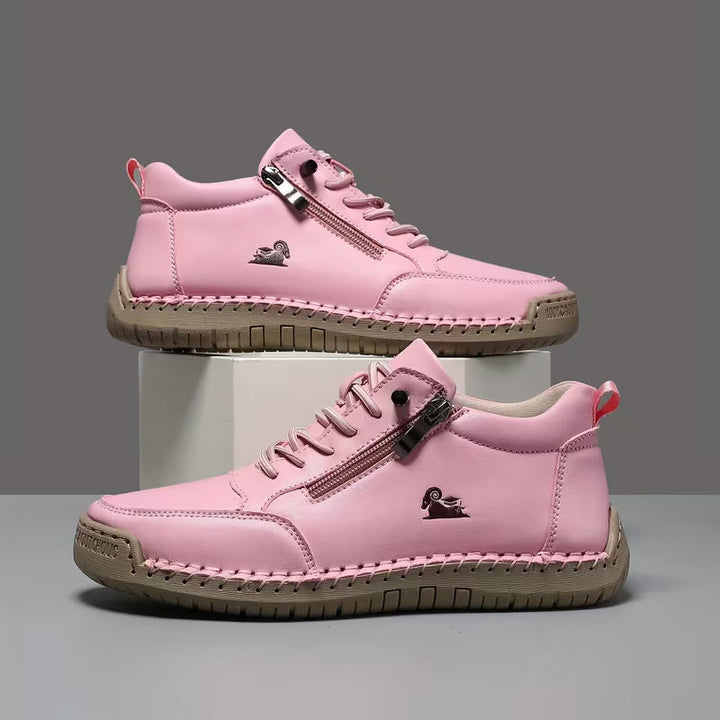 Pink therapeutic comfort shoes, lace-up with side zipper and textured rubber sole