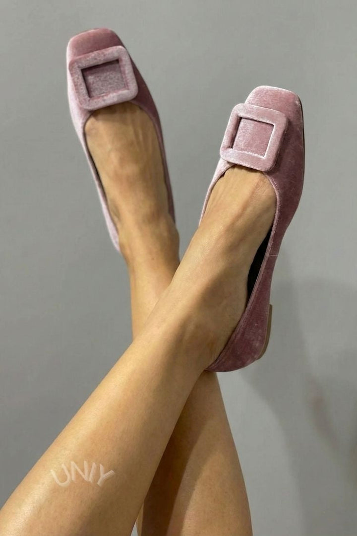 Square Toe Velvet Ballerinas with Buckle