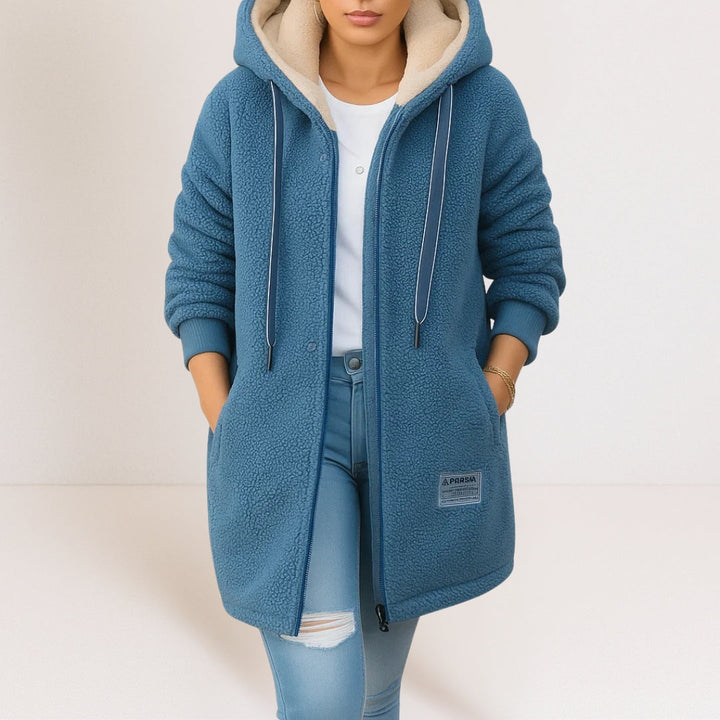 Blue cozy fleece hooded jacket with full zipper, drawstring pulls, and side pockets