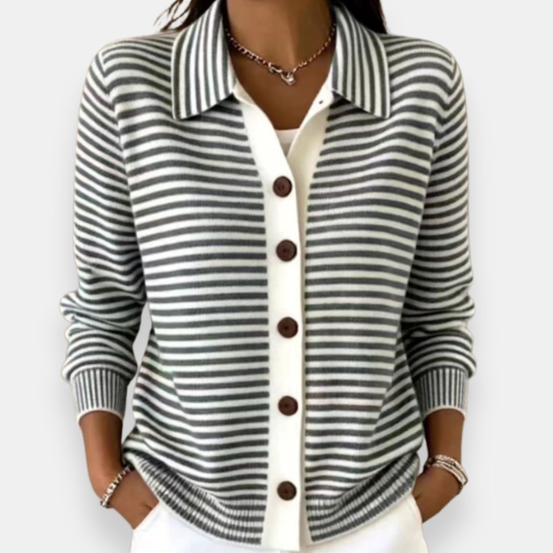 Striped button cardigan, gray and white, collared long sleeves with brown buttons