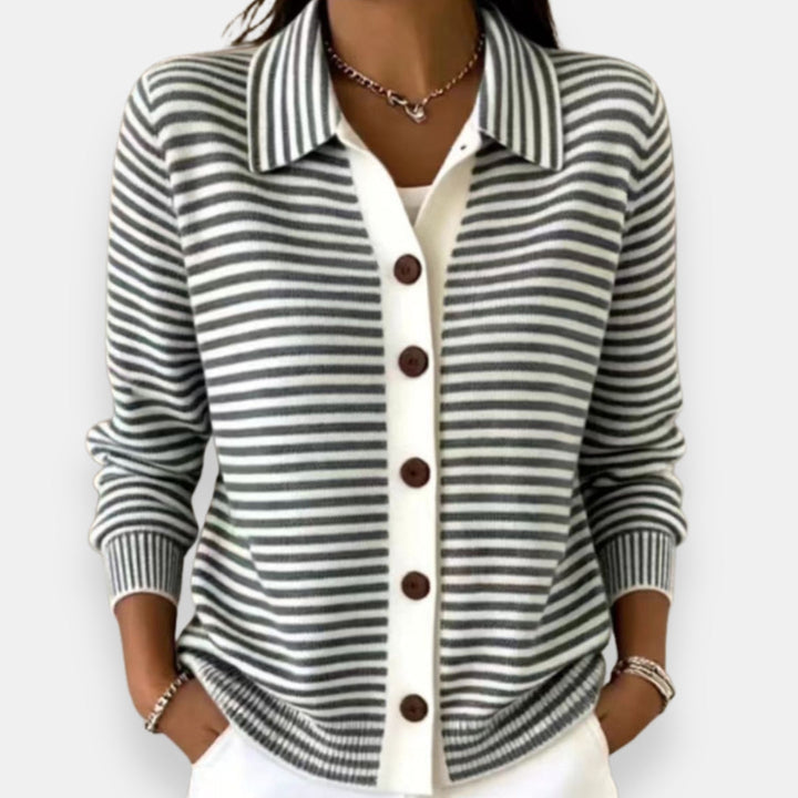 Striped button cardigan, gray and white, collared long sleeves with brown buttons