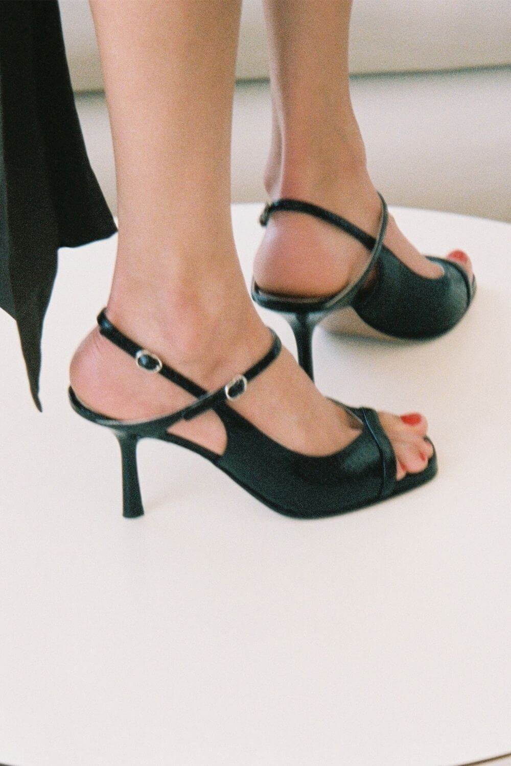 Black Open-Toe Snake Effect Slingback Heels