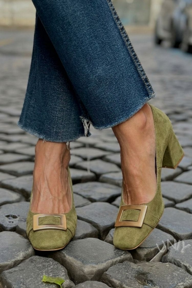 Wide Patchwork Navy Blue Square Toe Heels