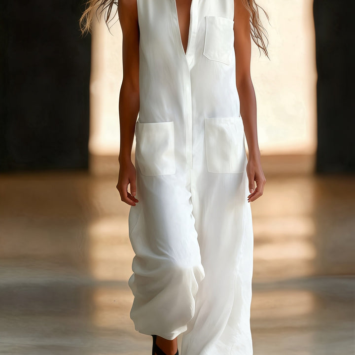 Sleeveless wide-leg jumpsuit for women, plain colour with pockets, half-zip and open front - Casual wear for commuting