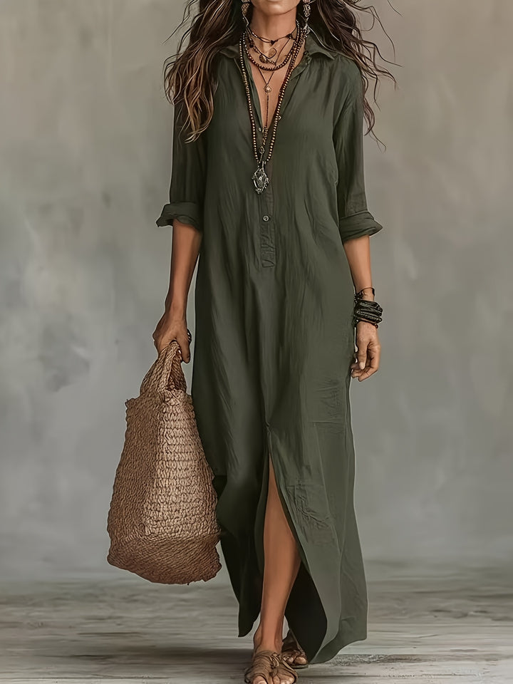 New Spring/Summer Plain Coloured Pullover-Collar Long Dress with Half-Open Collar and Slits at the Front and Back, Casual Shirt Dress in a Relaxed Style, Suitable for Leisure, Travel, Beach, and Daily Use in Spring/Summer, Machine Washable