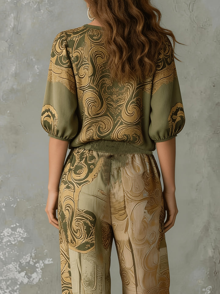 Genevieve | V-Neck Top & Cuffed Wide-Leg Trousers Set