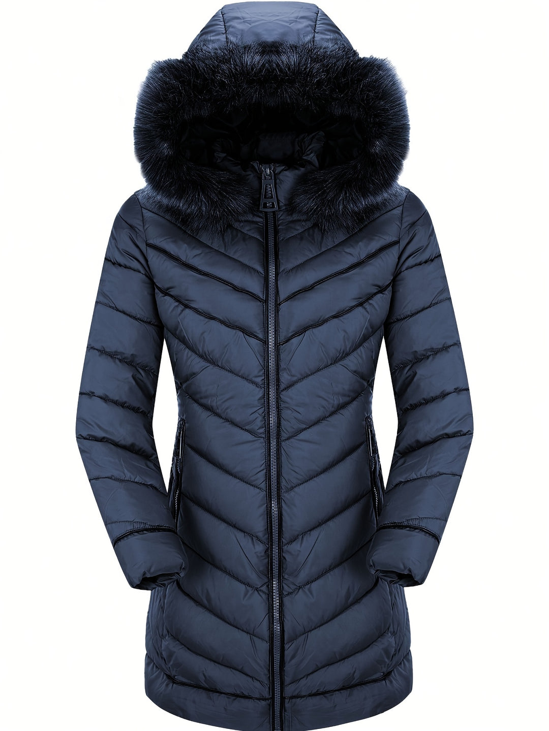 Slim-fit hooded faux fur winter coat in dark blue, quilted design, front zip closure.