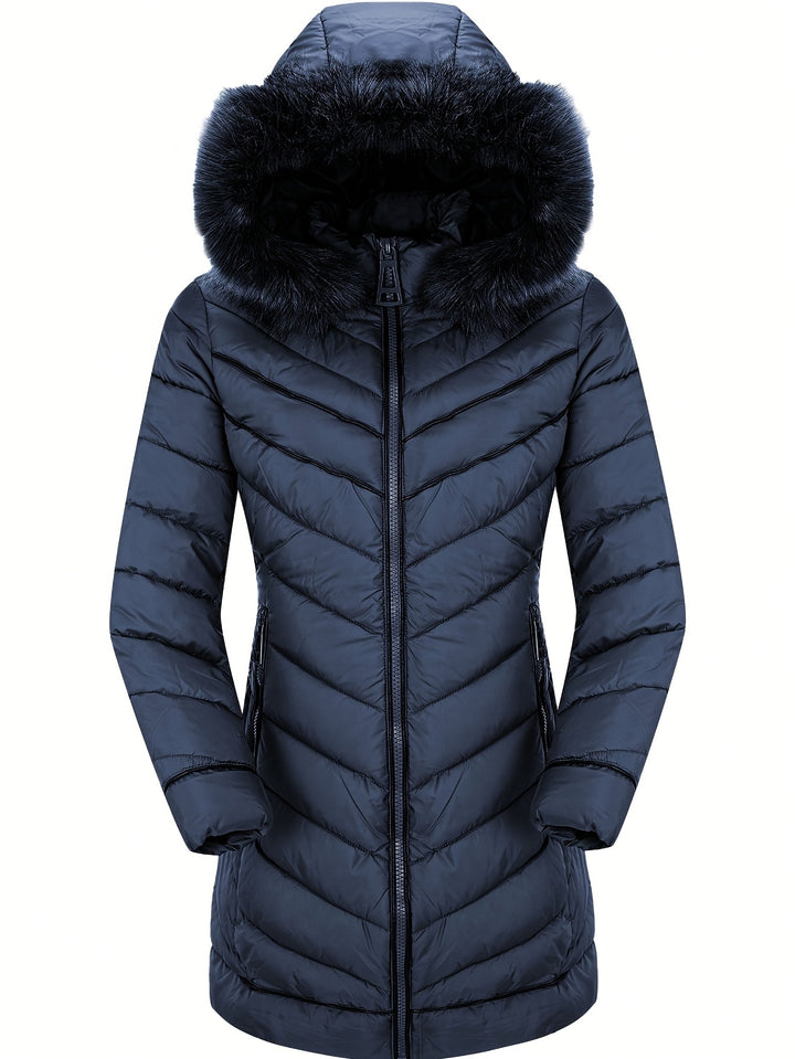 Slim-fit hooded faux fur winter coat in dark blue, quilted design, front zip closure.