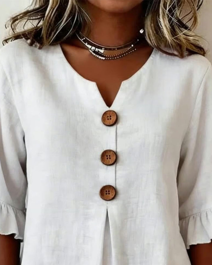 Sophia Solid Colour Blouse with Wooden Buttons and Ruffles