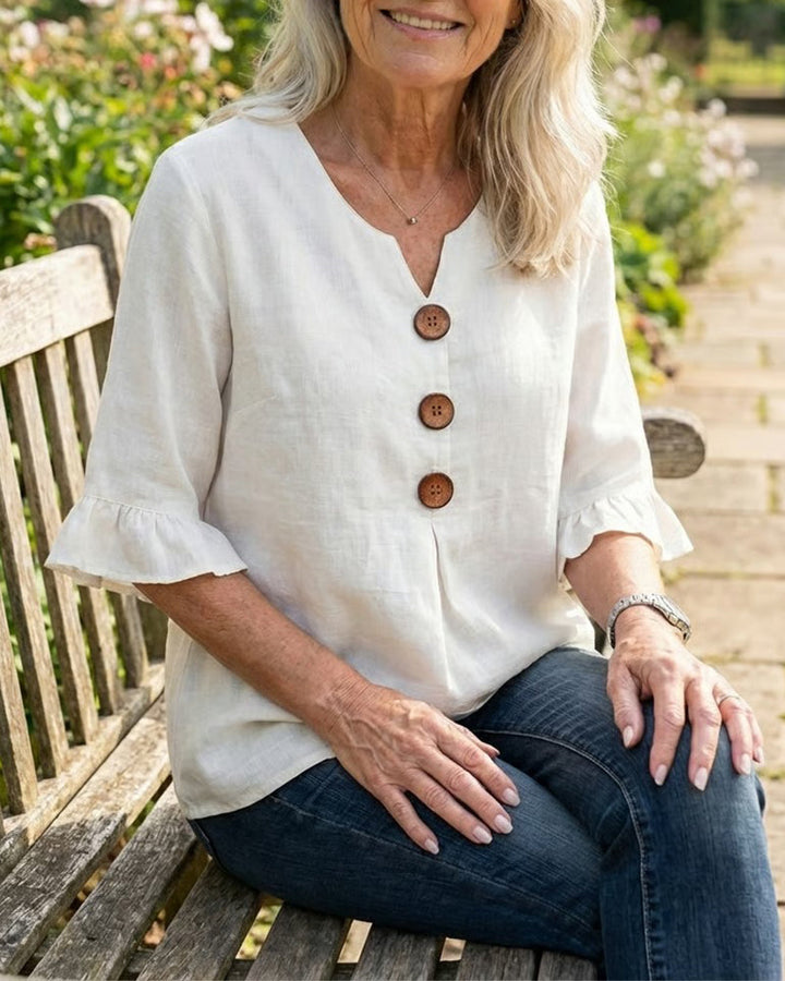Sophia Solid Colour Blouse with Wooden Buttons and Ruffles