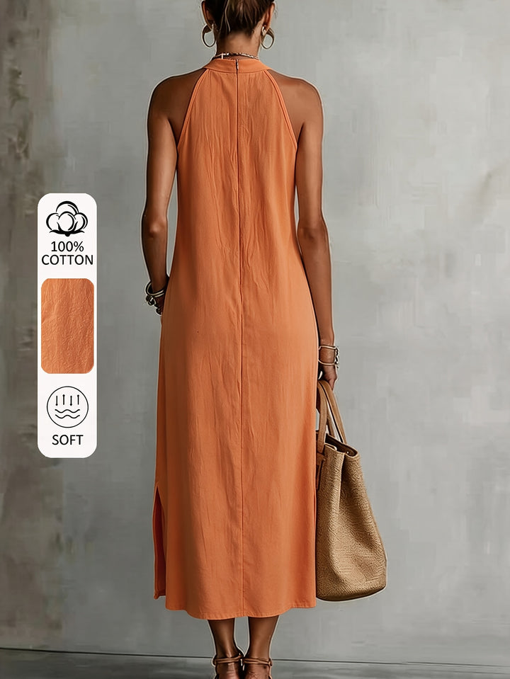 Summer ladies pure halter lace hollow-out lace edge patchwork dress, loose linen feel holiday sleeveless long dress 9A12499