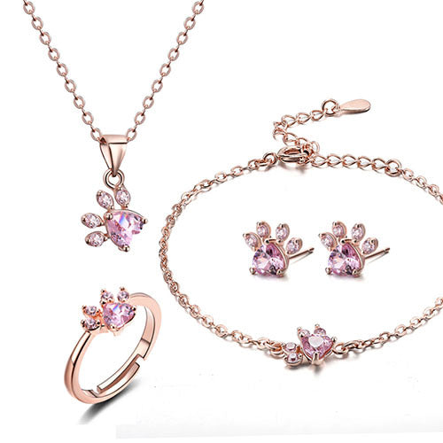 Rose Gold Paw Jewellery Set – 4 Pieces with Zirconia Heart (Ring, Necklace, Earrings, Bracelet)