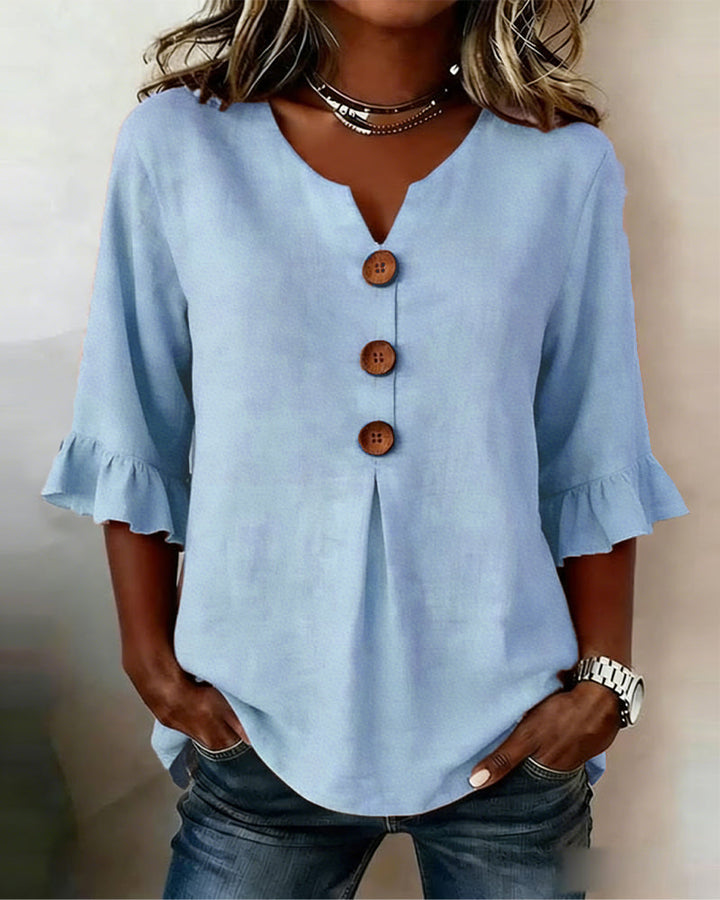 Sophia Solid Colour Blouse with Wooden Buttons and Ruffles