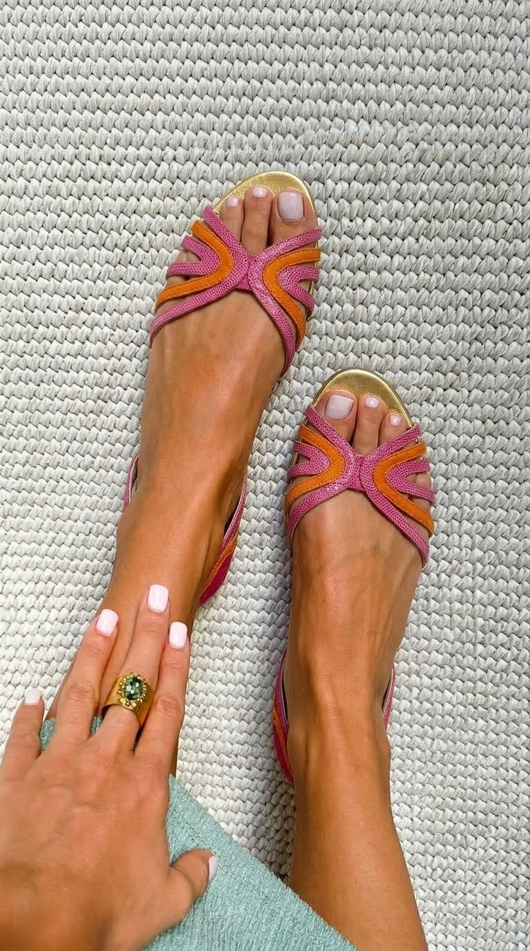 Orange and Pink Low Peep Toe Sandals with Straps