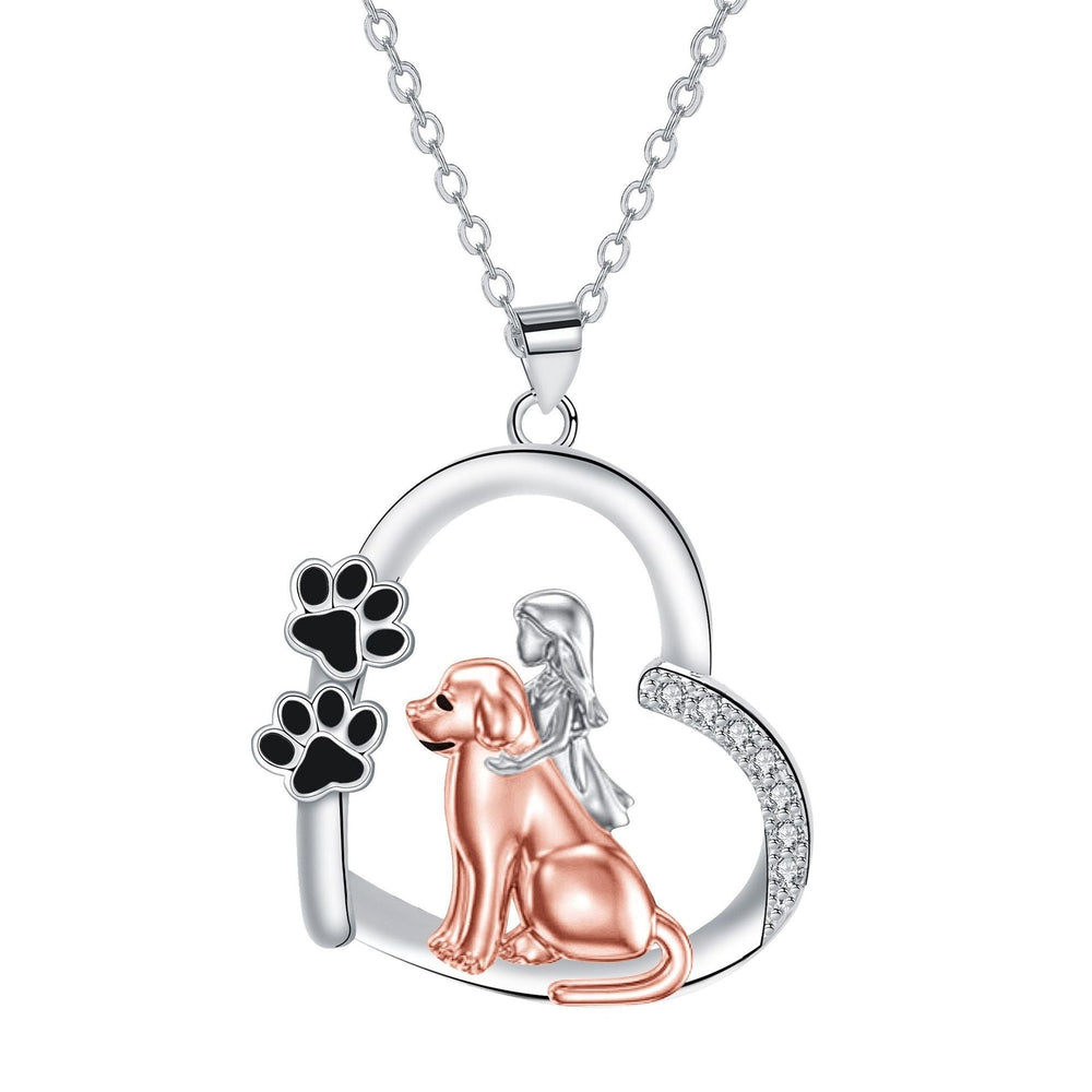 Rose-gold dog and angel silhouette heart pendant necklace with paw charms