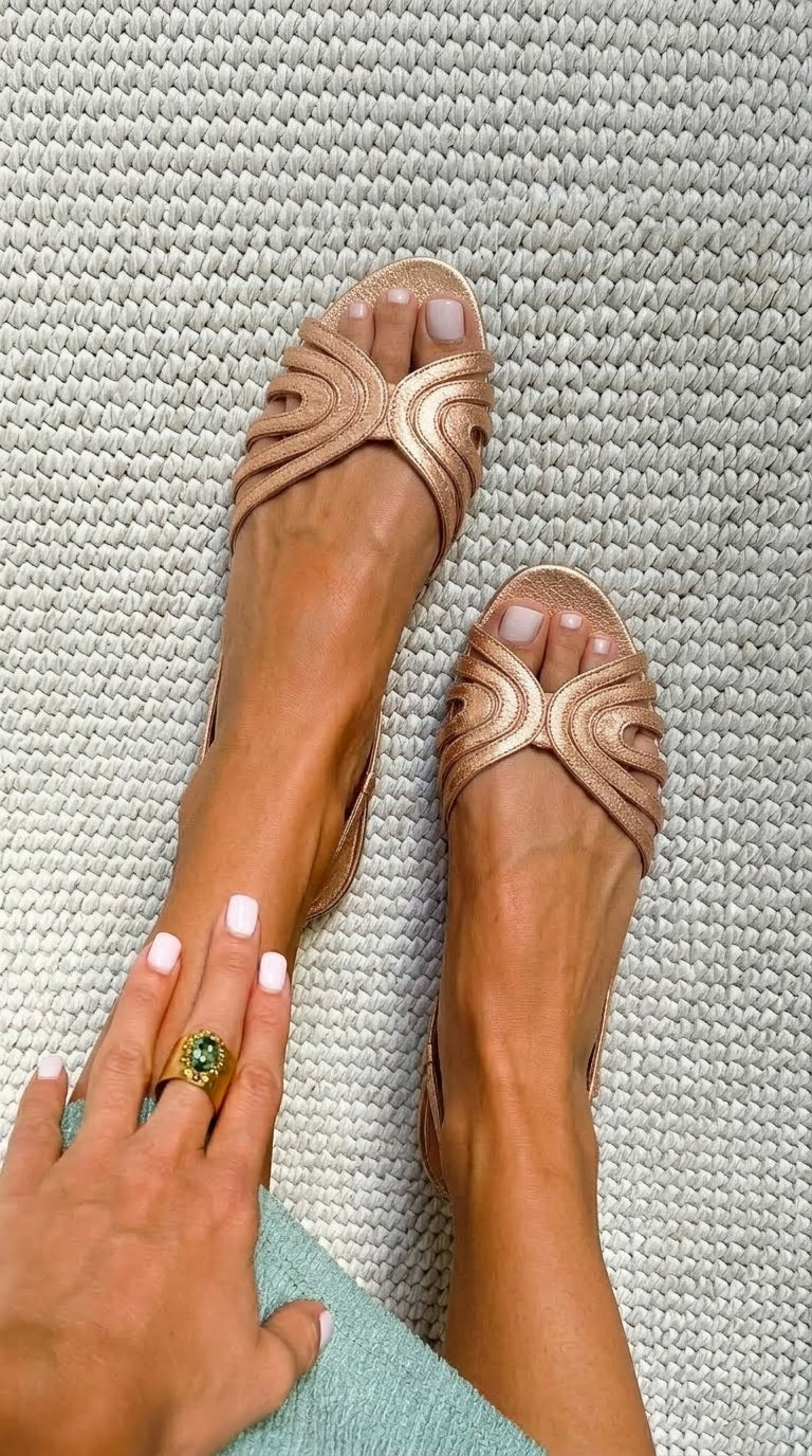 Metallic Rose Gold Peep Toe Ballerinas with Straps