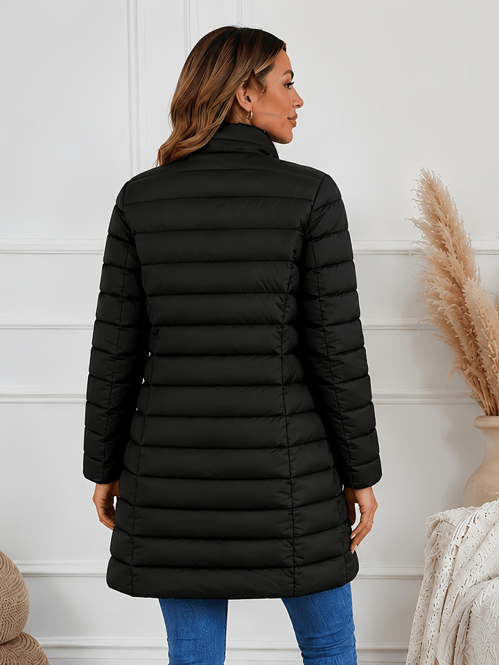 Black lightweight quilted coat with stand collar and double front zips