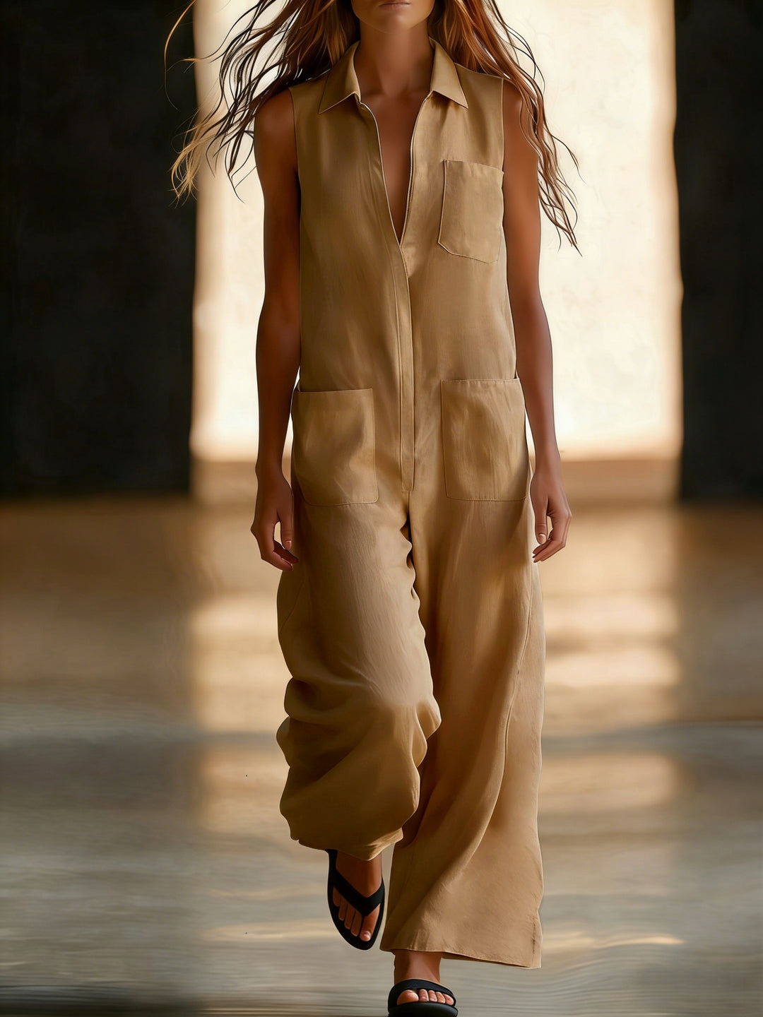 Sleeveless wide-leg jumpsuit for women, plain colour with pockets, half-zip and open front - Casual wear for commuting