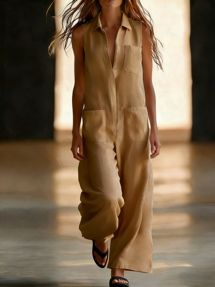 Sleeveless wide-leg jumpsuit for women, plain colour with pockets, half-zip and open front - Casual wear for commuting
