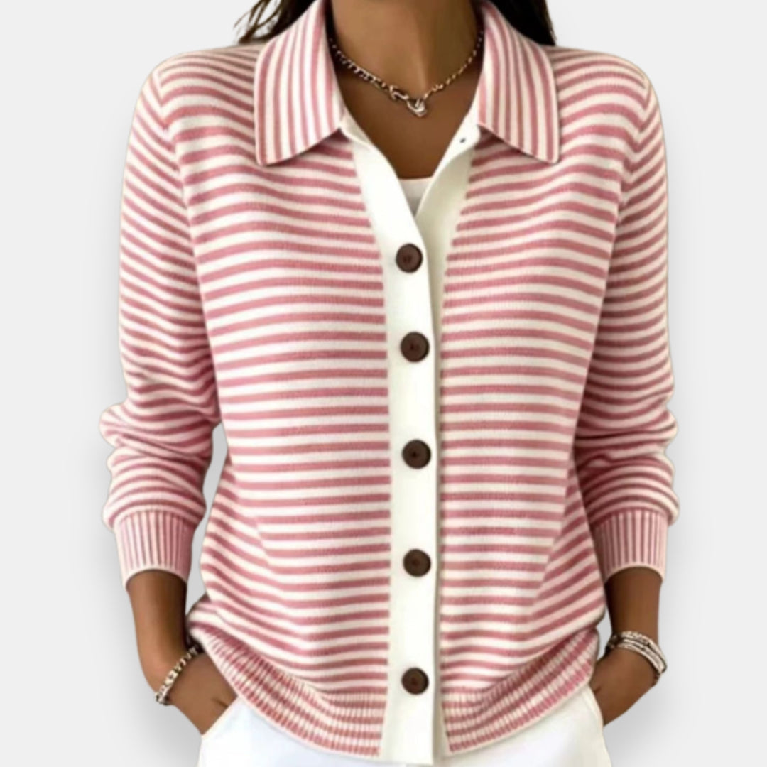 Striped button cardigan, pink and white, collared long sleeves with brown buttons