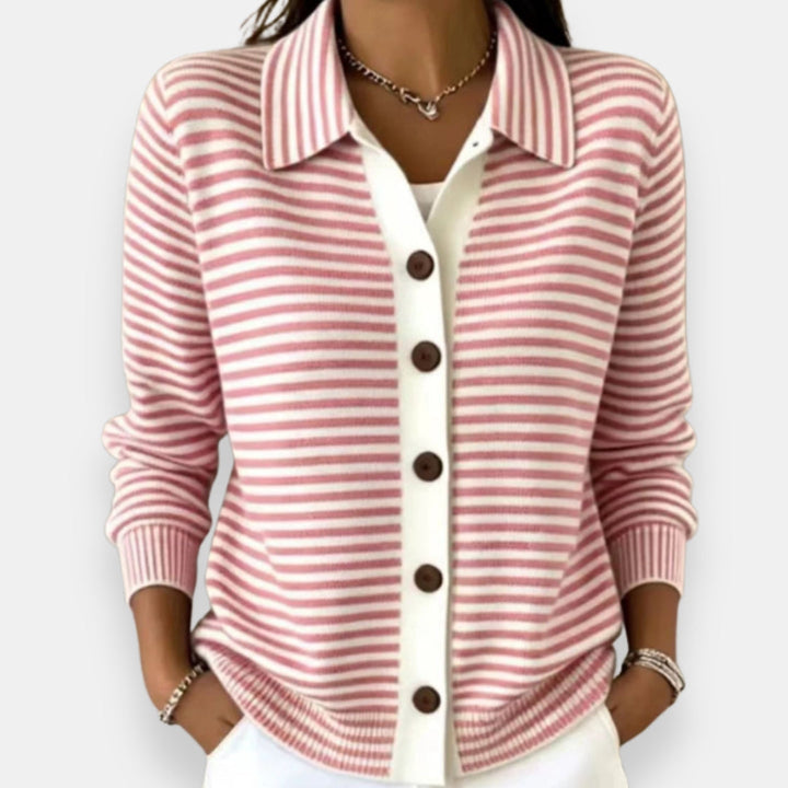 Striped button cardigan, pink and white, collared long sleeves with brown buttons