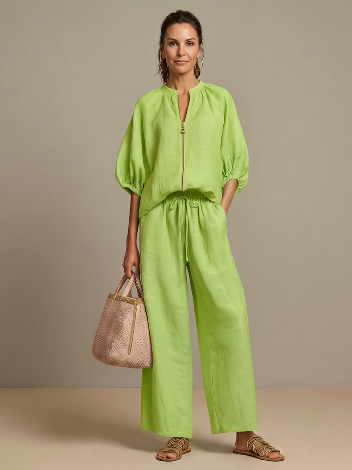 Natalia | Top Blouson with Zip and Wide Leg Trousers