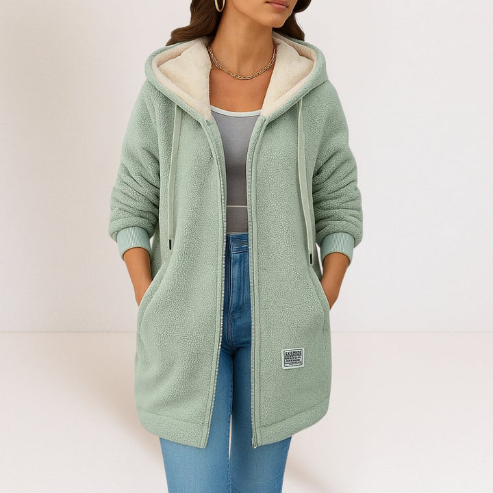 Green cozy fleece hooded jacket with full zipper, drawstring pulls, and side pockets