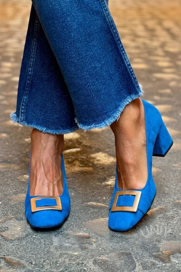Wide Patchwork Navy Blue Square Toe Heels