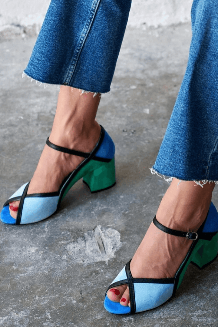 Block colour stiletto heels with buckle and T-strap