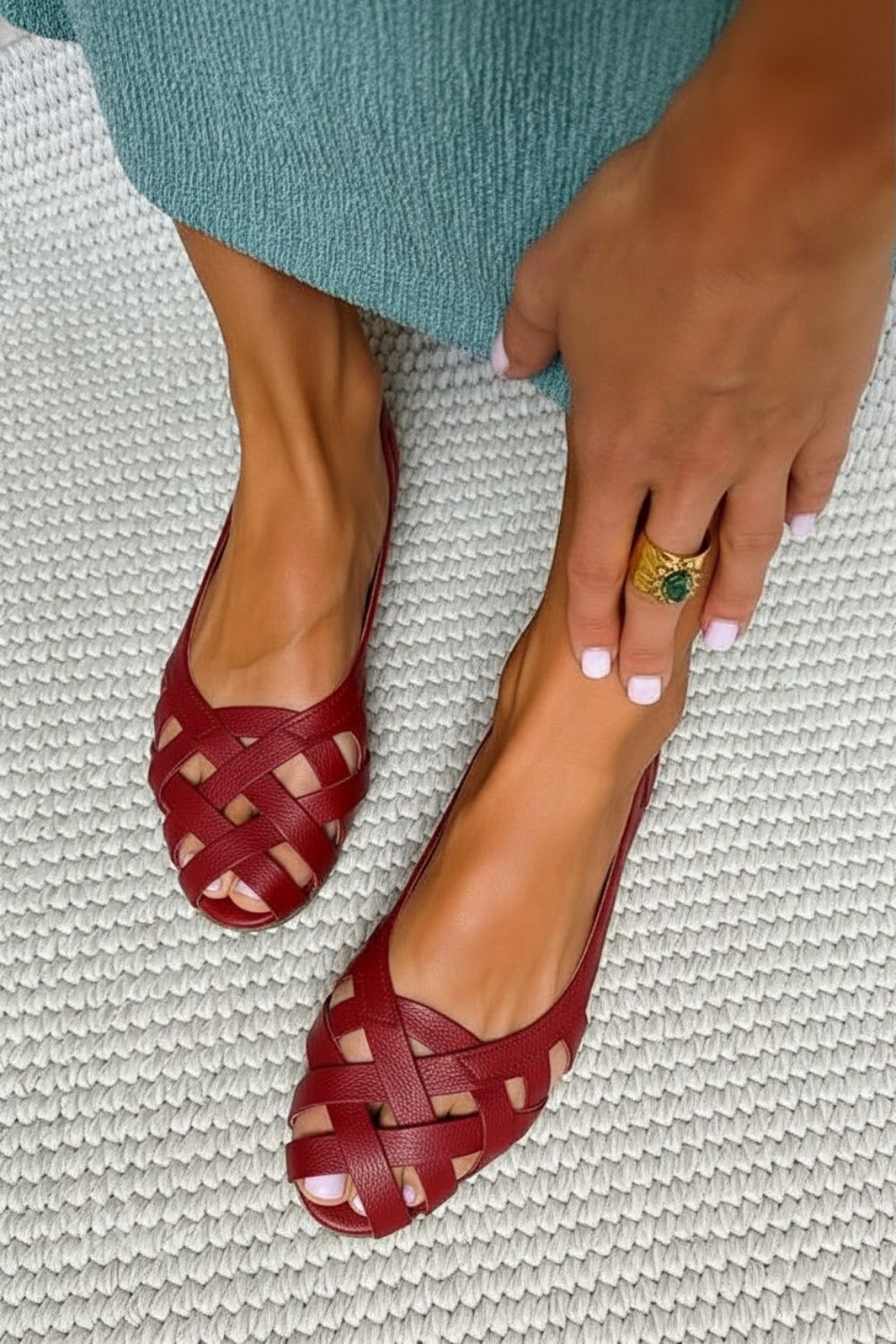Comfortable Low Bordeaux Woven Sandals with Open Toe