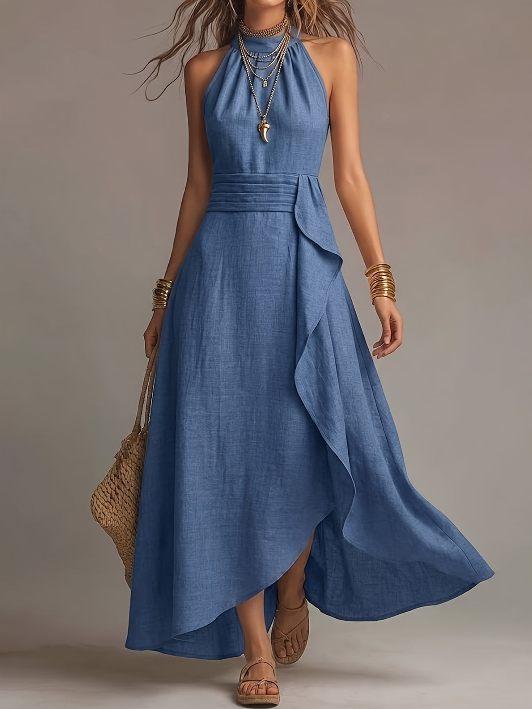 Marisol | Halter Waist-Defining Asymmetric Hem Dress