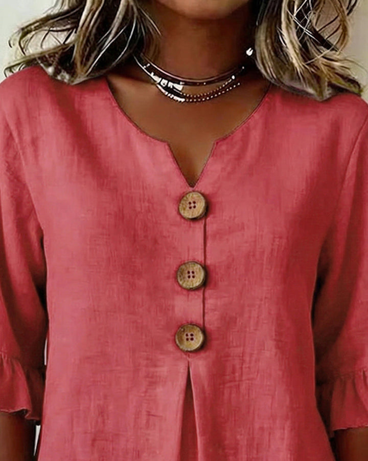 Sophia Solid Colour Blouse with Wooden Buttons and Ruffles