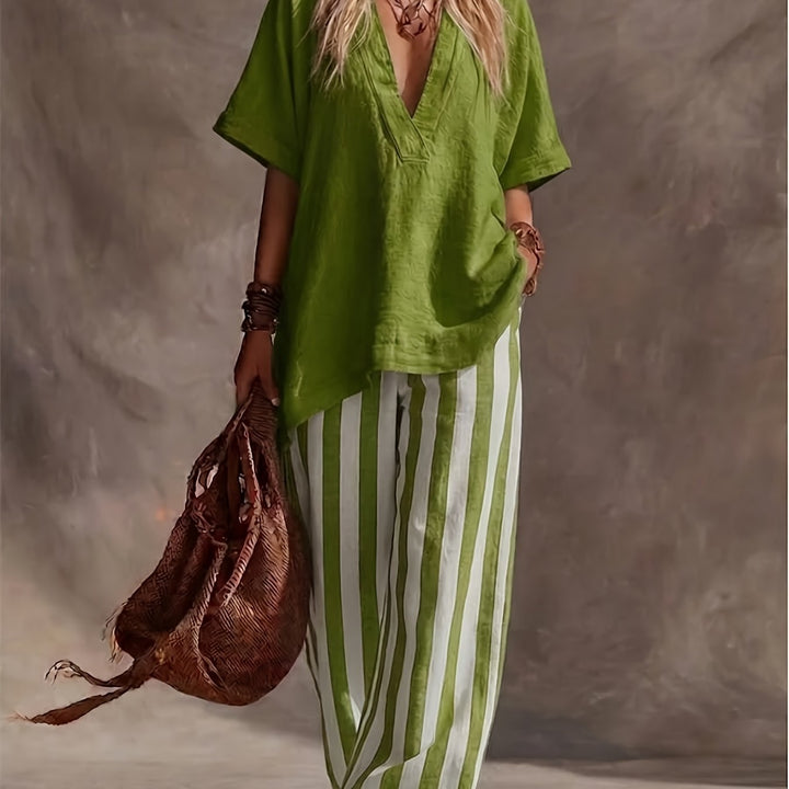 Ines | V-Neck Top & Striped Wide-Leg Trousers Set