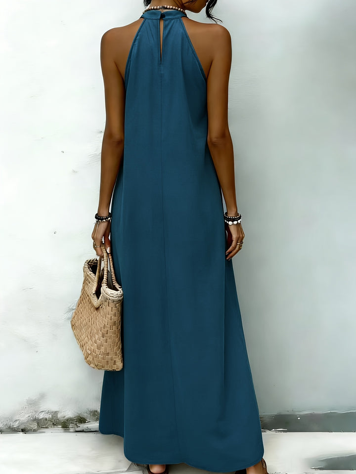 AMNFUIL Bohemian Maxi Dress with Neck Cord for Women - Sleeveless Beach Dress with Button Closure at the Back, Plain Fitted Long Dress Suitable for Weddings, Pool Parties, Casual Wear, Machine Washable Elegant Dress