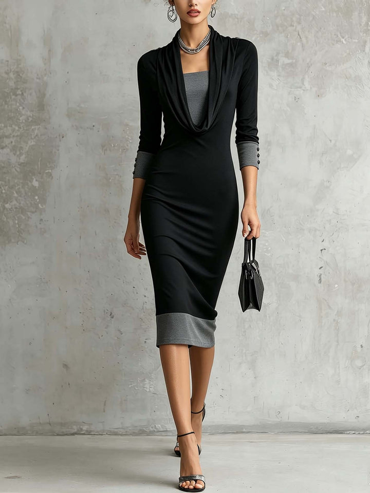 Black and grey midi dress made of faux leather, two-piece, with draped neckline and fitted silhouette