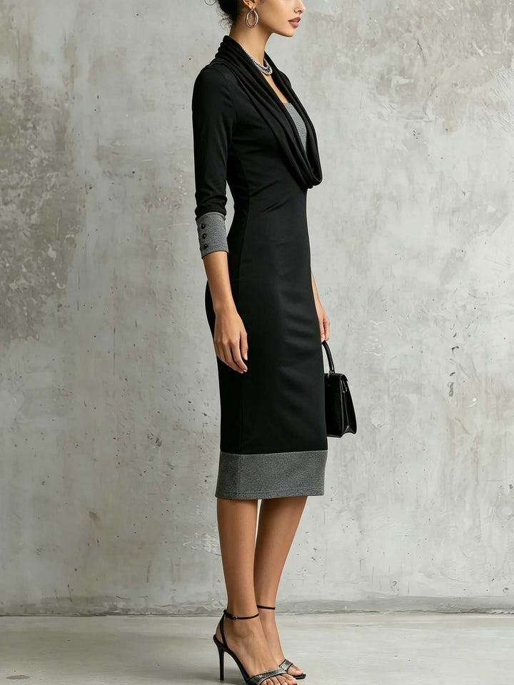 Black and grey midi dress made of faux leather, two-piece, with draped neckline and fitted silhouette