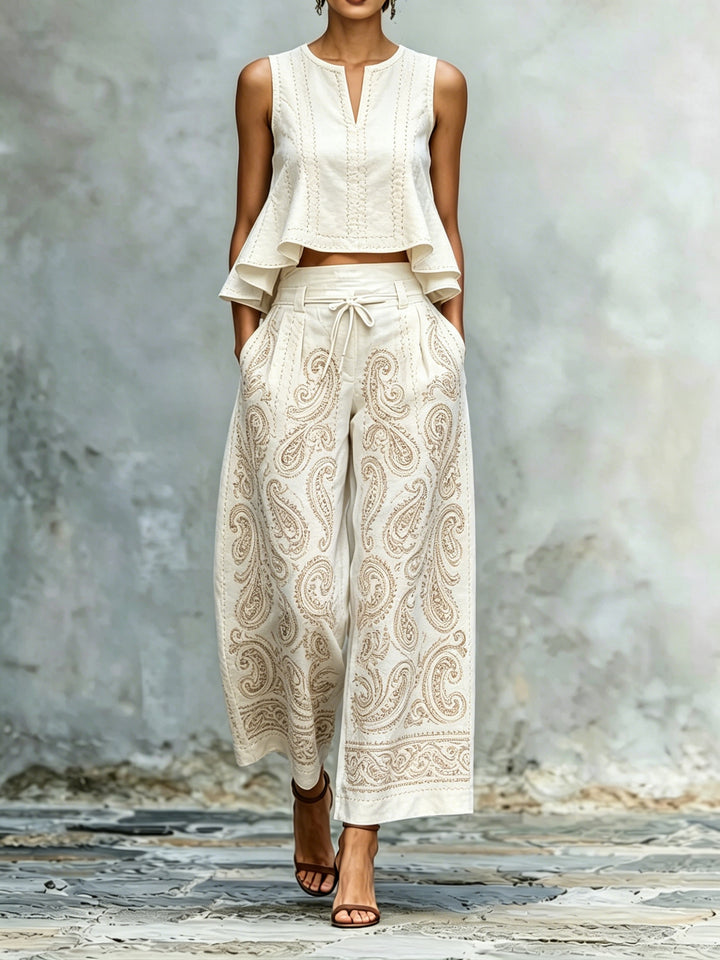 Ladies 2-piece bohemian crop top and wide leg trousers summer sleeveless V-neck printed drawstring waist casual outfit cream paisley print bohemian style beach holiday travel party wear