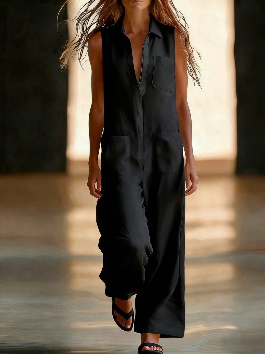 Sleeveless wide-leg jumpsuit for women, plain colour with pockets, half-zip and open front - Casual wear for commuting
