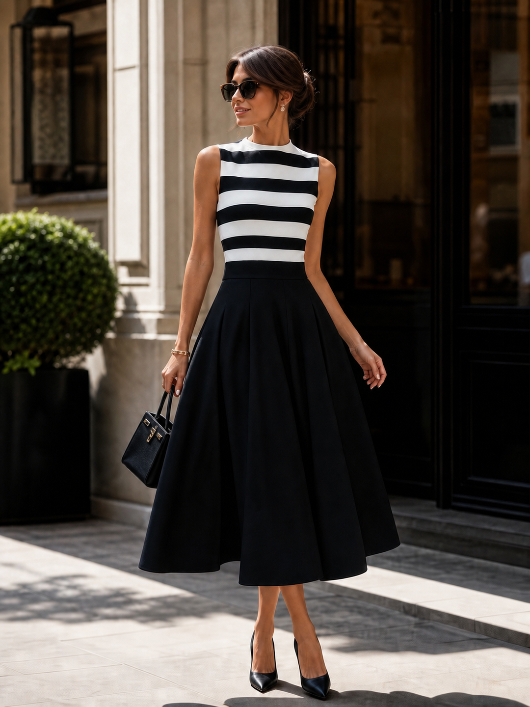Elegant midi A-line dress, sleeveless, striped, with pockets