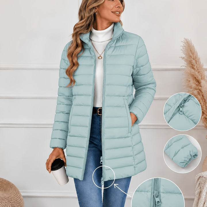 Light cyan lightweight quilted coat with stand collar and double front zips