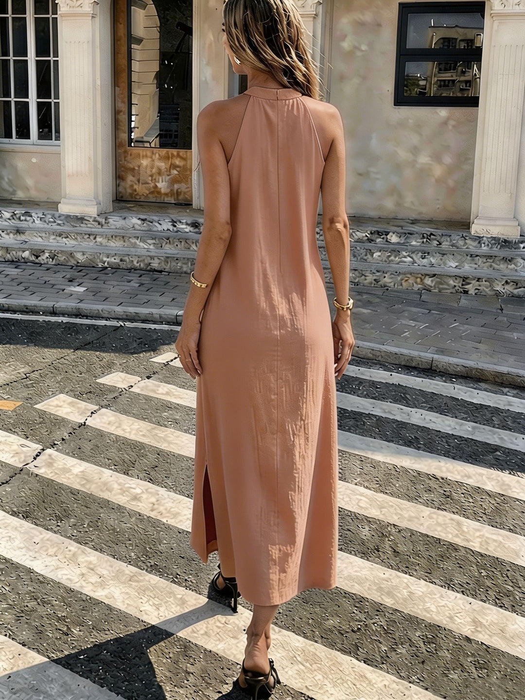 Summer ladies pure halter lace hollow-out lace edge patchwork dress, loose linen feel holiday sleeveless long dress 9A12499