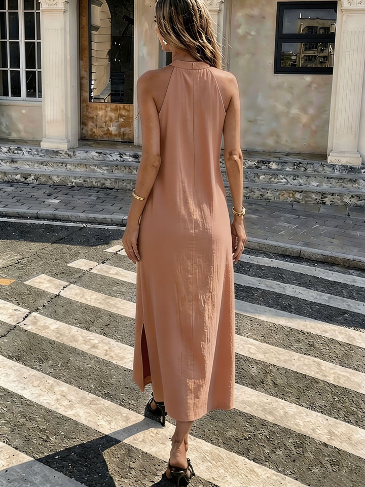 Summer ladies pure halter lace hollow-out lace edge patchwork dress, loose linen feel holiday sleeveless long dress 9A12499
