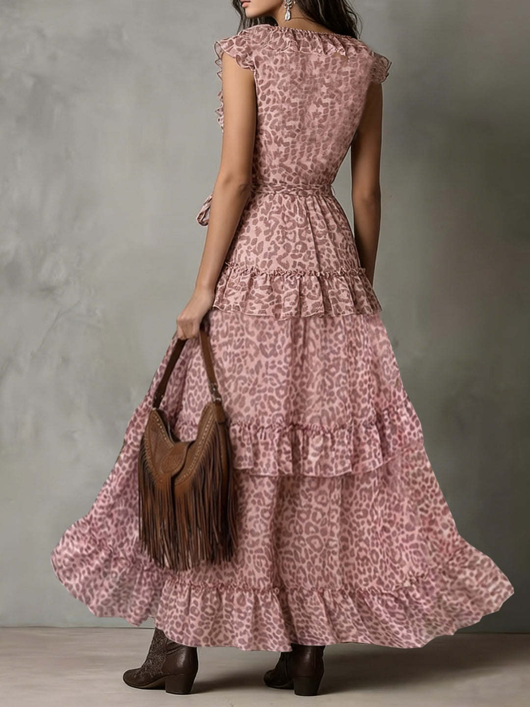 Zaria | Leopard Print V-Neck Ruffle Maxi Dress