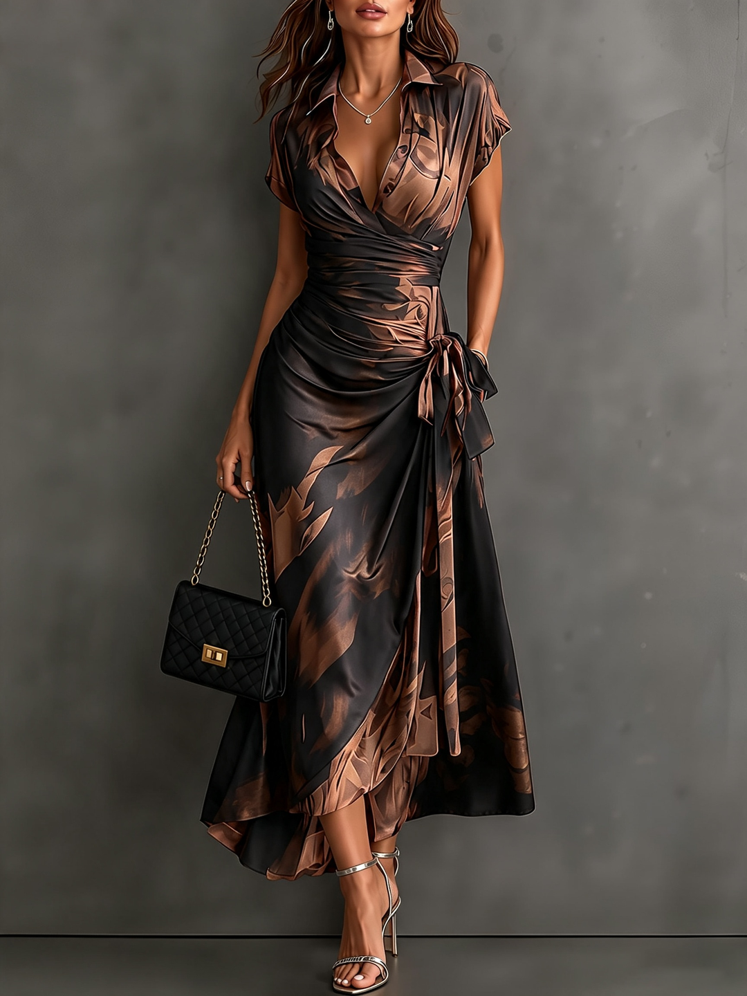 Brown abstract print midi wrap dress, V-neck, short sleeves, ruched side tie